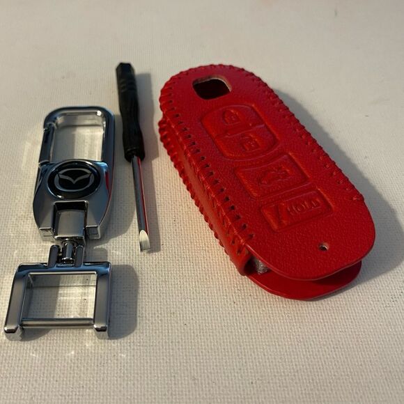Mazda Key Fob Keychain in metal & Fob Case Cover in Red Leather NWT - Picture 6 of 8